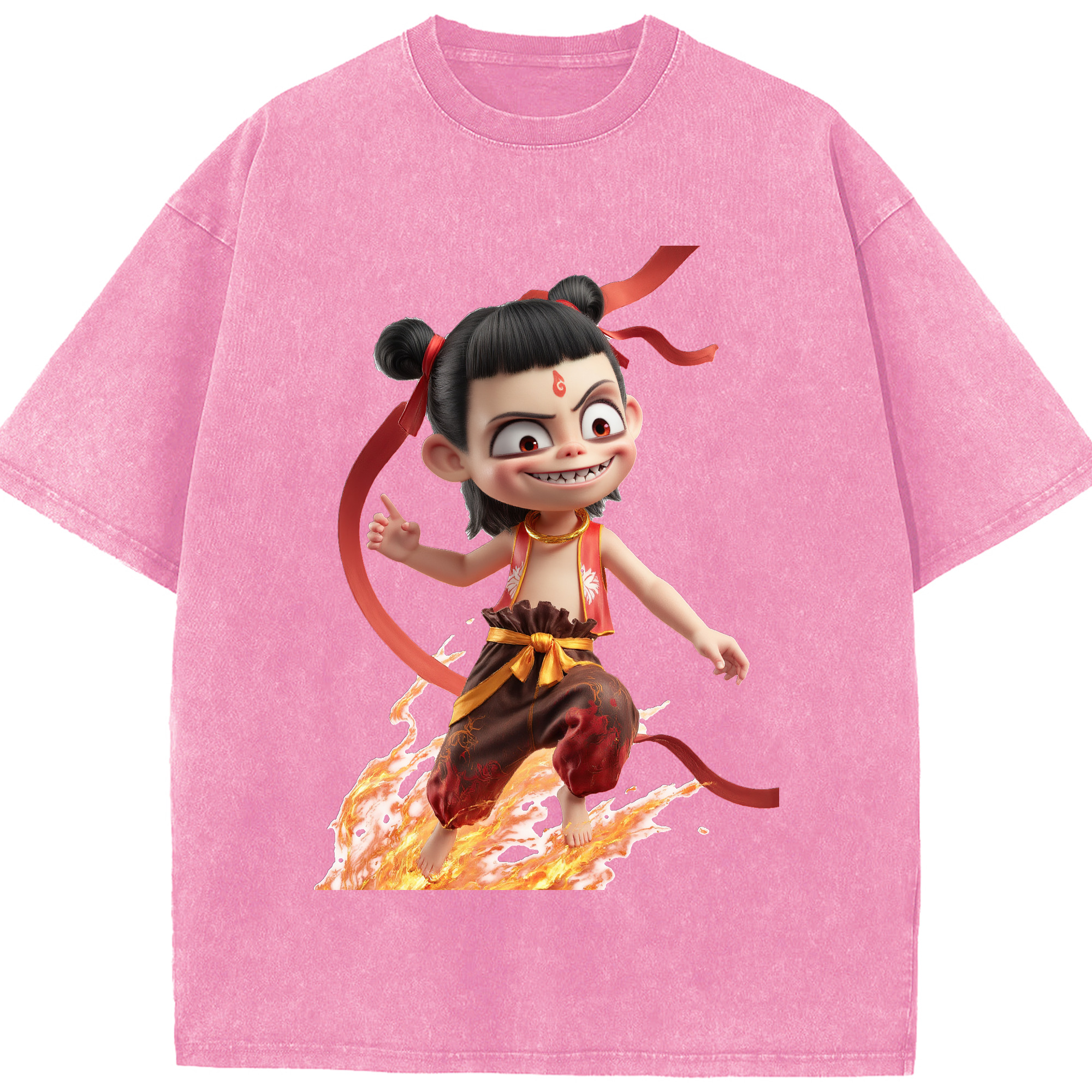 （画像用） Ne Zha 2 ナタ 魔童の大暴れ 綿100% ヴィンテージ風 半袖Tシャツ（フロントプリント）